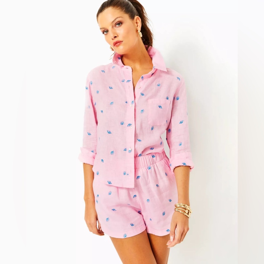 Lilly Pulitzer SET Pink Embroidered Shirt and Shorts